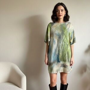 COS Sz S Green Cotton Watercolor Relaxed Dress